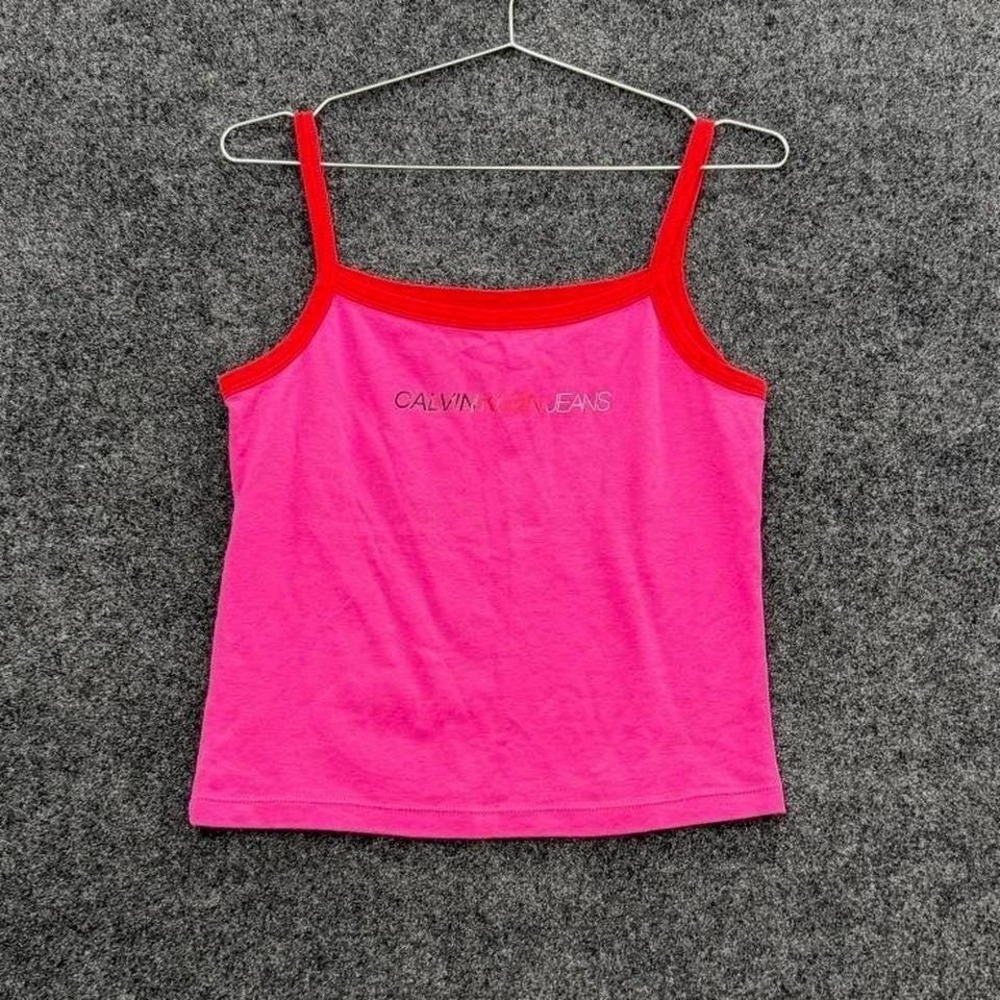 Vintage Calvin Klein Jeans Tank Top Womens Large Pink Red Trim Made In USA